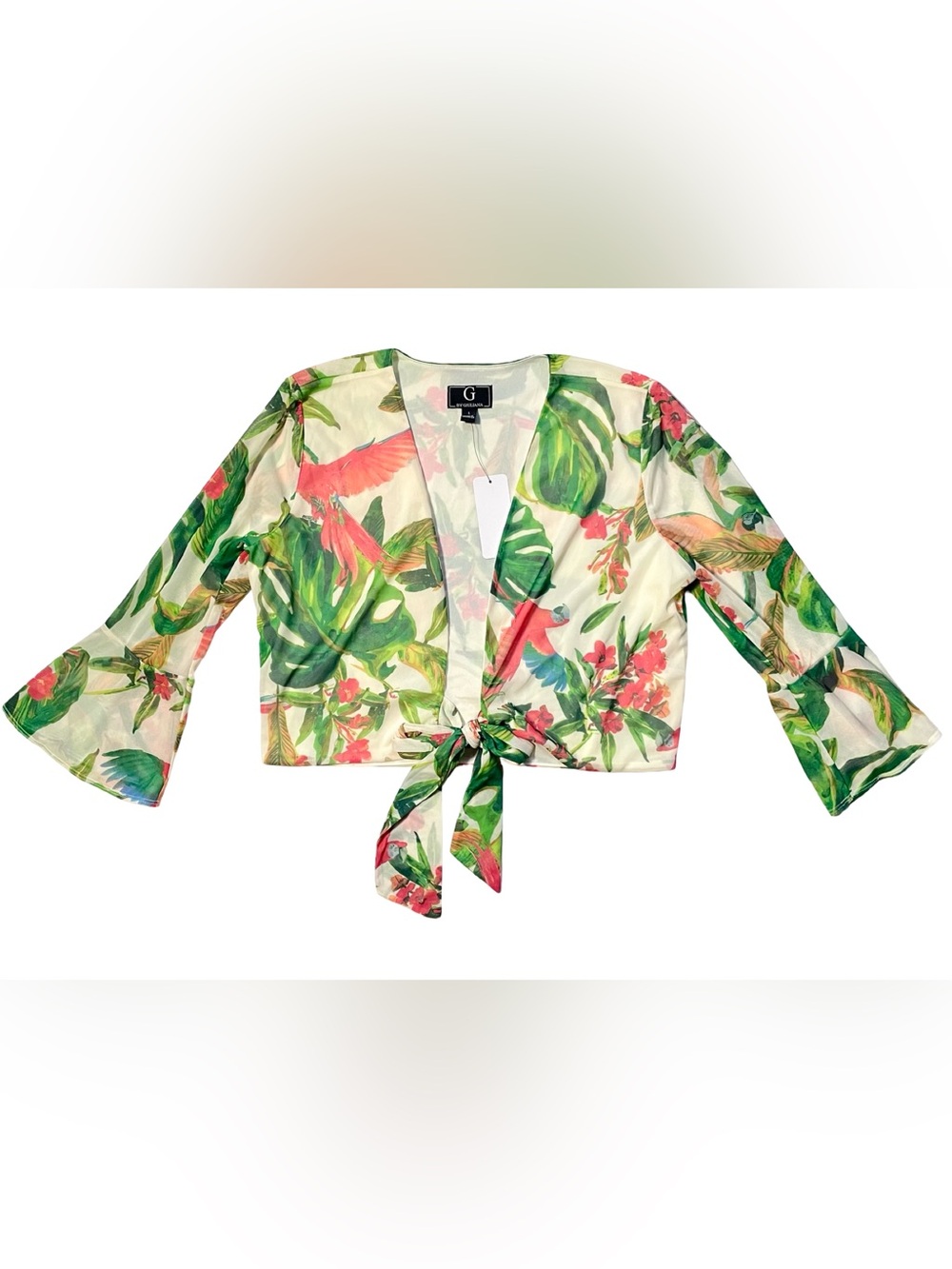 NWT G by Giuliana Tropical Bird Floral Tie Front Top - Picture 2 of 5